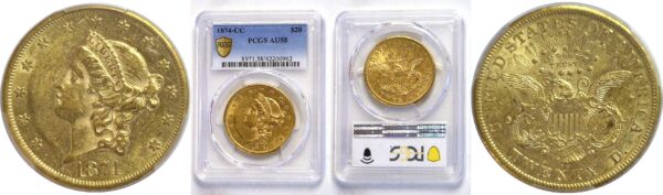 1874-CC   $20 Liberty.  -  PCGS. AU-58.