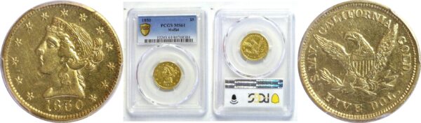 1850.  $5 Moffat  -  PCGS. MS-61.