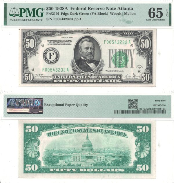 1928-A $50 Federal Reserve Note. Fr-2101-F.  PMG-65 EPQ