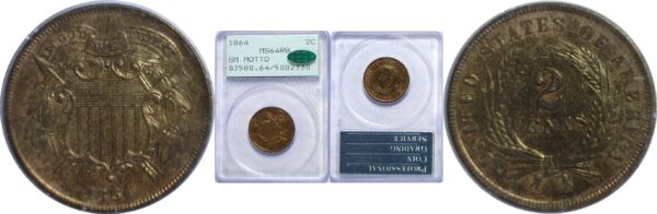 1864 Small Motto. Two Cent Piece.   -   PCGS MS-64 RB. CAC