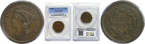 1855 Large Cent. Knob on Ear.  -  PCGS AU-55