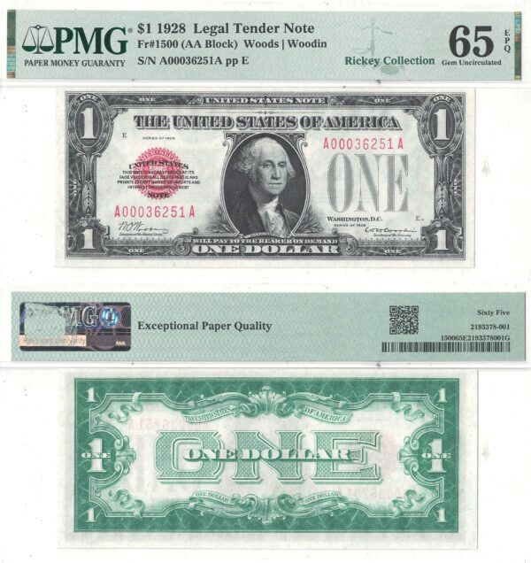 1928 $1 Legal Tender Note Fr 1500 PMG 65 EPQ