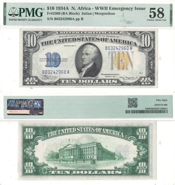 1934-A $10 North Africa Fr 2309 PMG 58