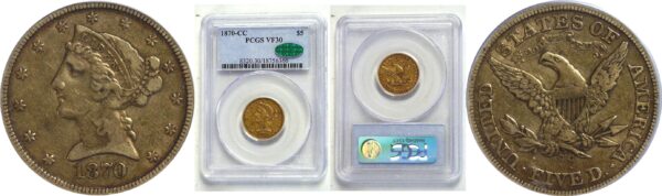 1870-CC $5 Liberty.   -    PCGS VF-30  CAC