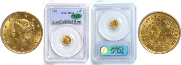 1853 One Dollar Gold Coin  -  PCGS MS-63 CAC