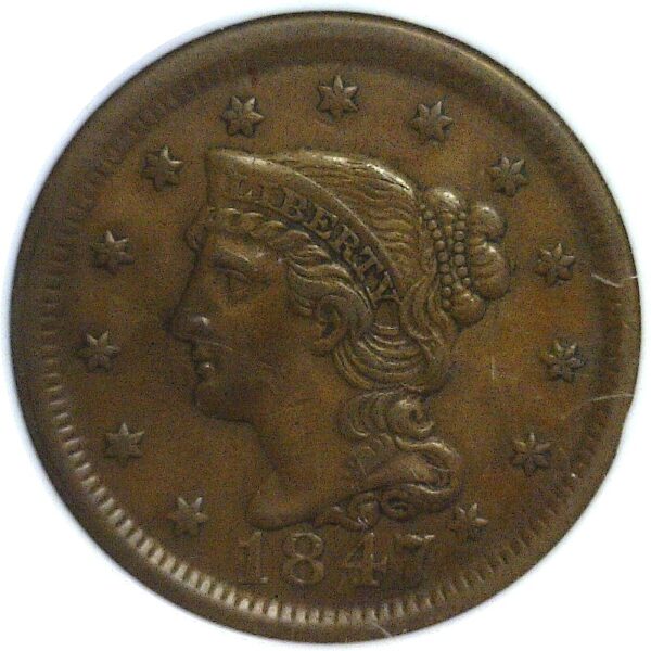 1847 Large Cent. -  NGC AU-50 - Image 2