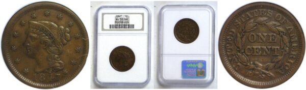 1847 Large Cent. -  NGC AU-50