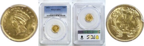 1874 One Dollar Gold Coin  -  PCGS MS-61