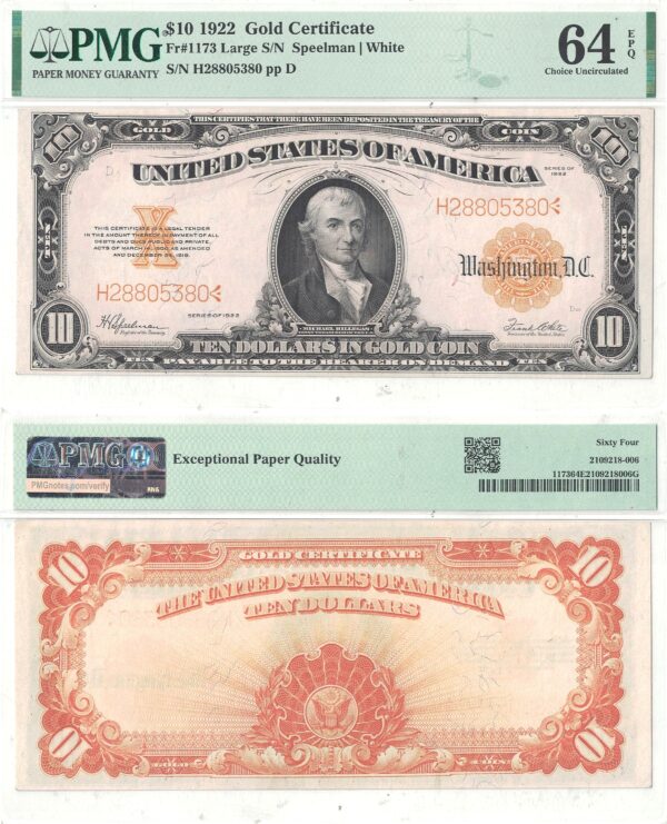 1922 $10 Gold Certificate Fr 1173 PMG-64 EPQ
