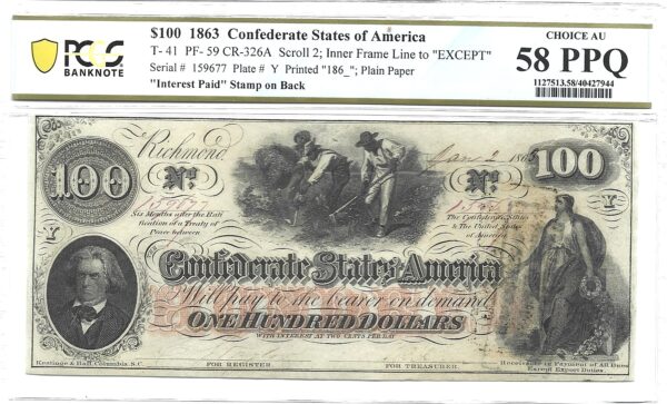 1863 $100 Confederate Note T-41 PCGS-58 PPQ - Image 2