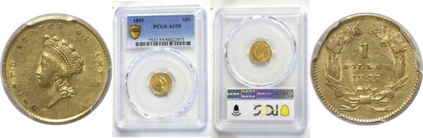 1855 One Dollar Gold Coin  -  PCGS AU-55