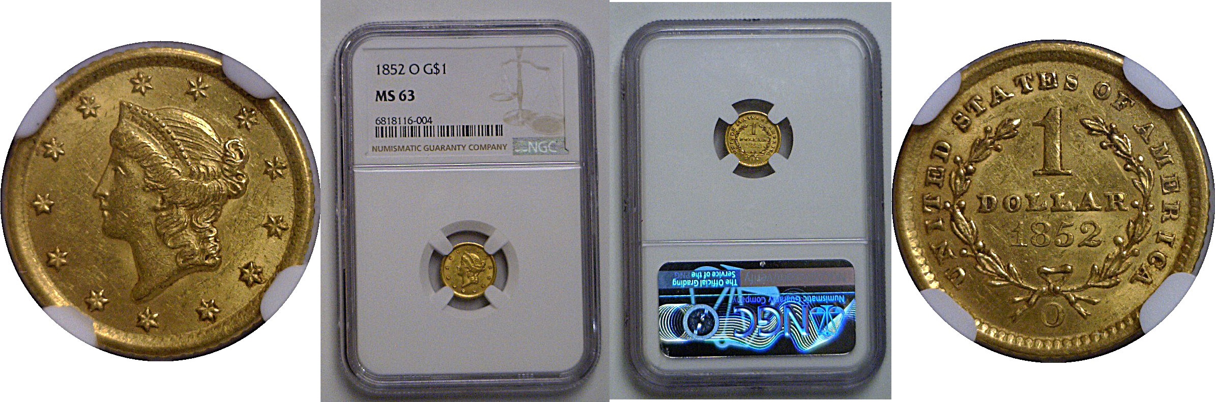 1852-O  One Dollar Gold Coin   NGC MS-63