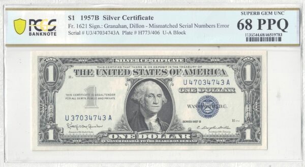 1957-B $1 Silver Certificate Fr 1621 Mismatched Serial Number Error PCGS 68 PPQ - Image 2