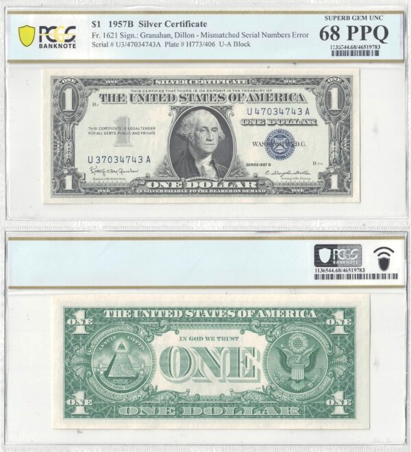 1957-B $1 Silver Certificate Fr 1621 Mismatched Serial Number Error PCGS 68 PPQ