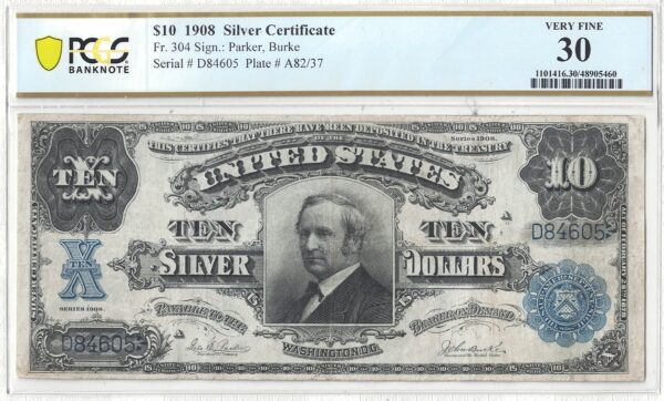 1908 $10 Silver Certificate Fr-304 PCGS VF-30 - Image 2