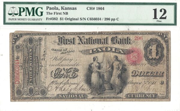 1865 Original Series $1 Kansas PMG-12 Paola Charter 1864 - Image 2