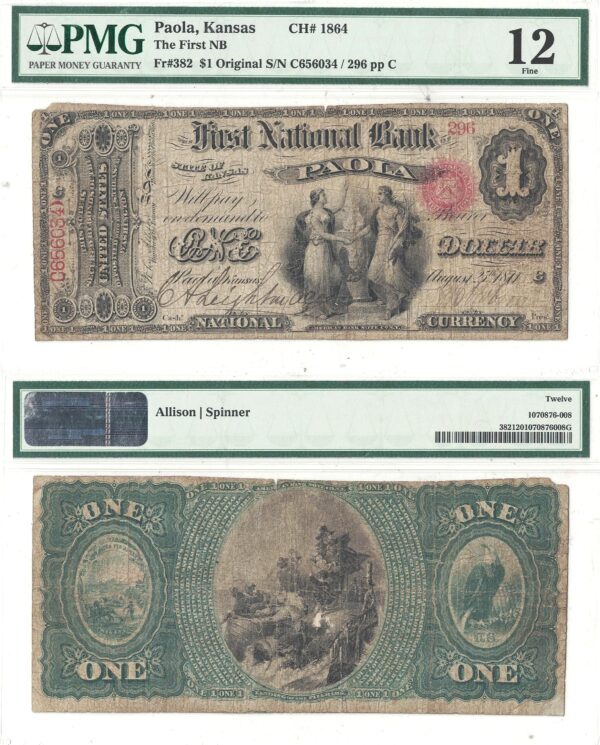 1865 Original Series $1 Kansas PMG-12 Paola Charter 1864