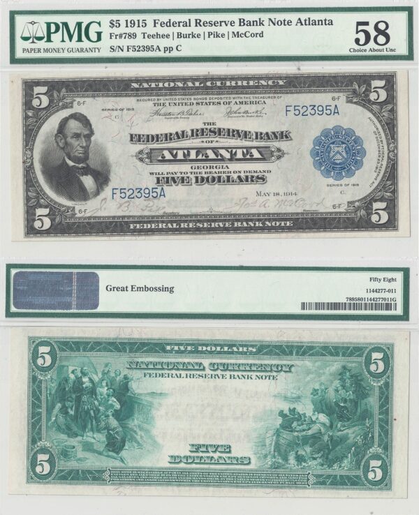 1915 $5 Federal Reserve Bank Note Fr-789 PMG-58