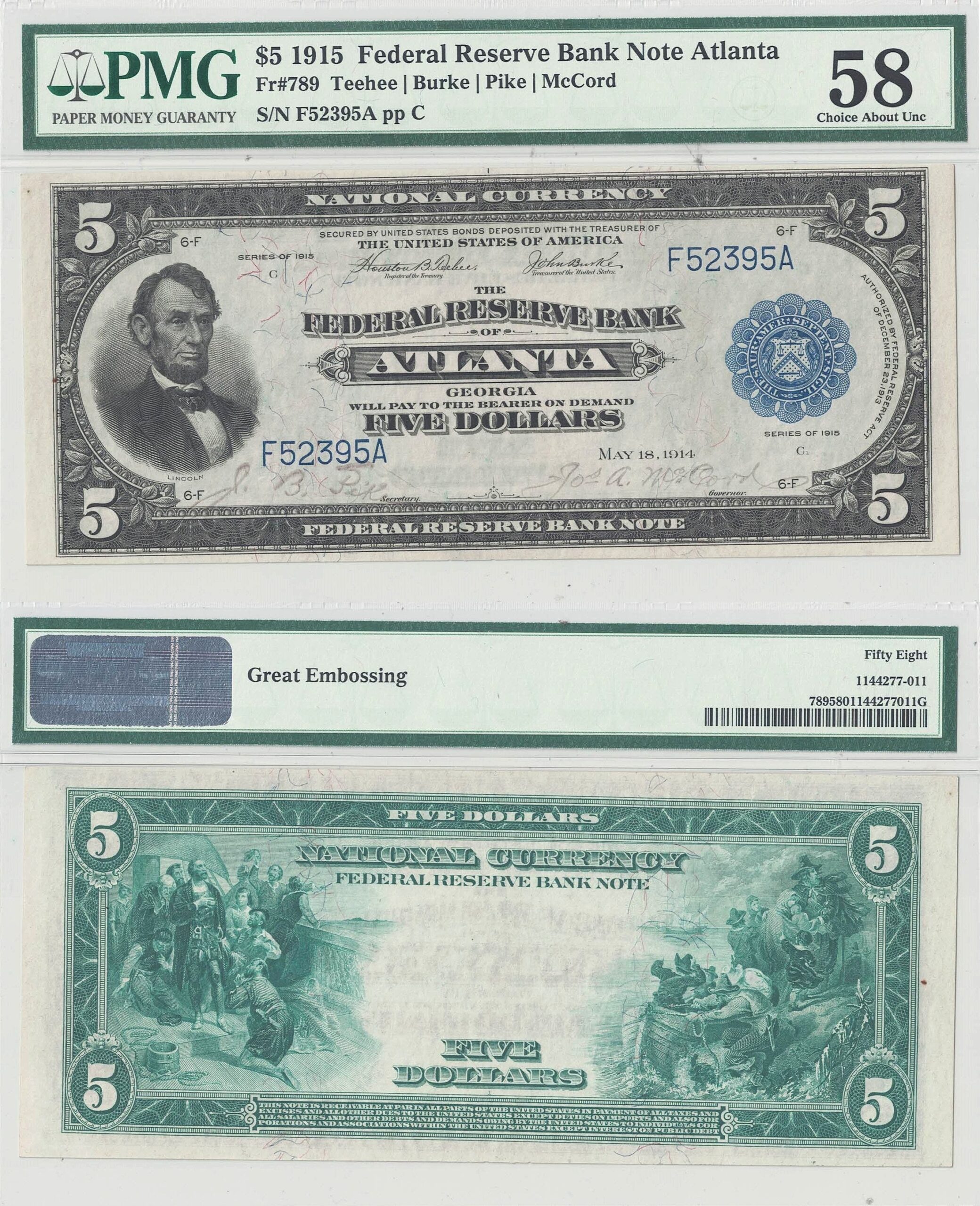 1915 $5 Federal Reserve Bank Note Fr-789 PMG-58