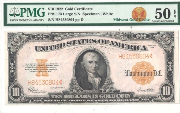 1922 $10 Gold Certificate Fr-1173 PMG AU-50 EPQ - Image 2