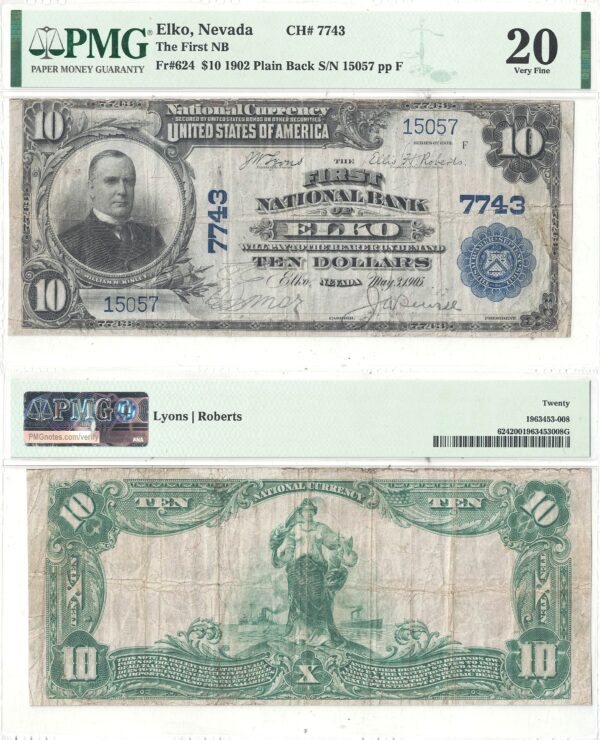 1902 $10 Nevada PMG-20 Elko Charter 7743