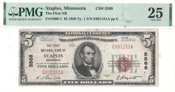 1929 $5 Minnesota PMG-25 Staples Charter 5568 - Image 2