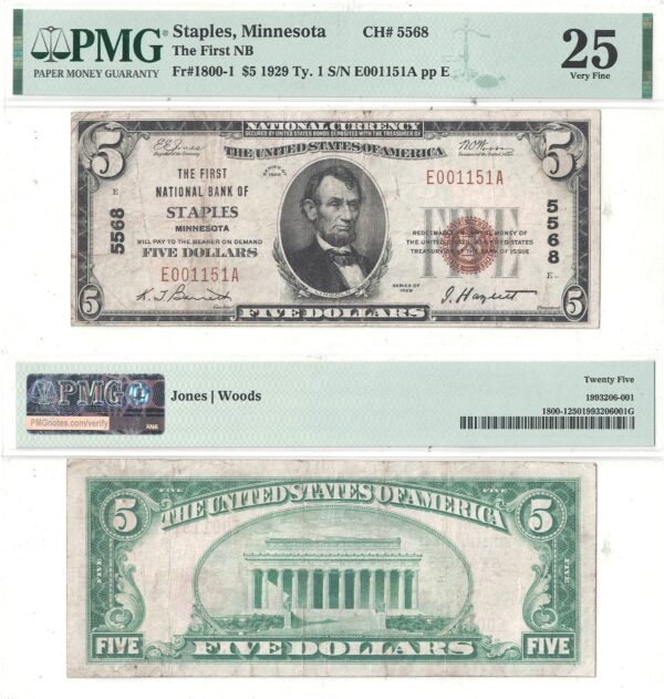 1929 $5 Minnesota PMG-25 Staples Charter 5568