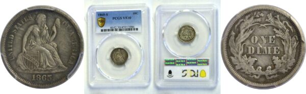 1865-S Seated Liberty Dime. -  PCGS VF-30