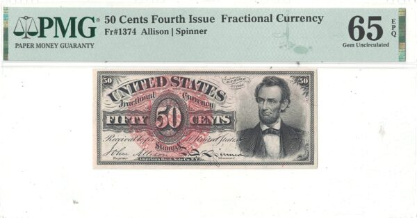 50 Cents Fourth Issue Fractional Currency Fr-1374 PMG-65 EPQ - Image 2