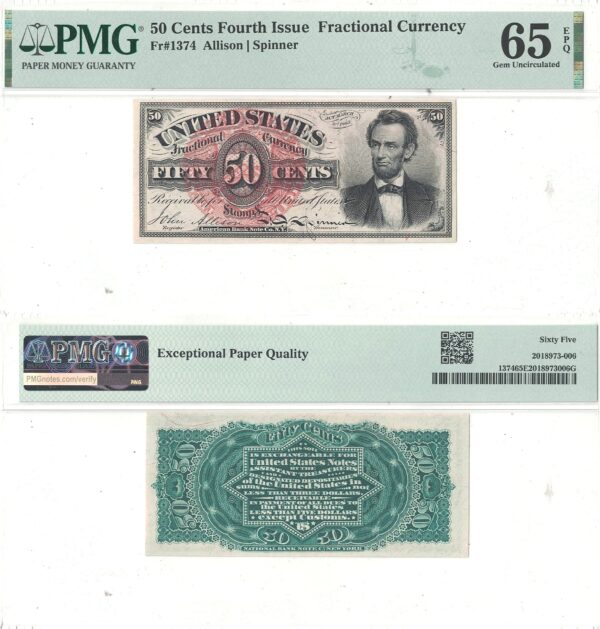 50 Cents Fourth Issue Fractional Currency Fr-1374 PMG-65 EPQ