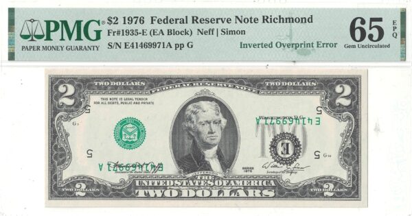 1976 $2 Federal Reserve Note Inverted Overprint Error PMG Gem CU-65 EPQ - Image 2