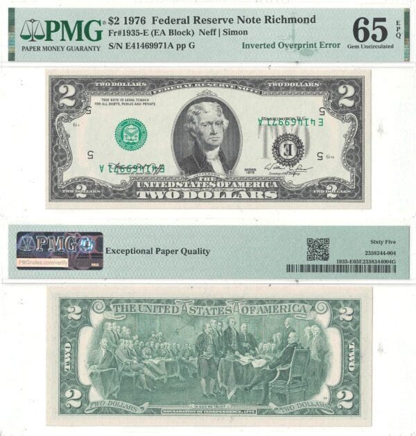 1976 $2 Federal Reserve Note Inverted Overprint Error PMG Gem CU-65 EPQ