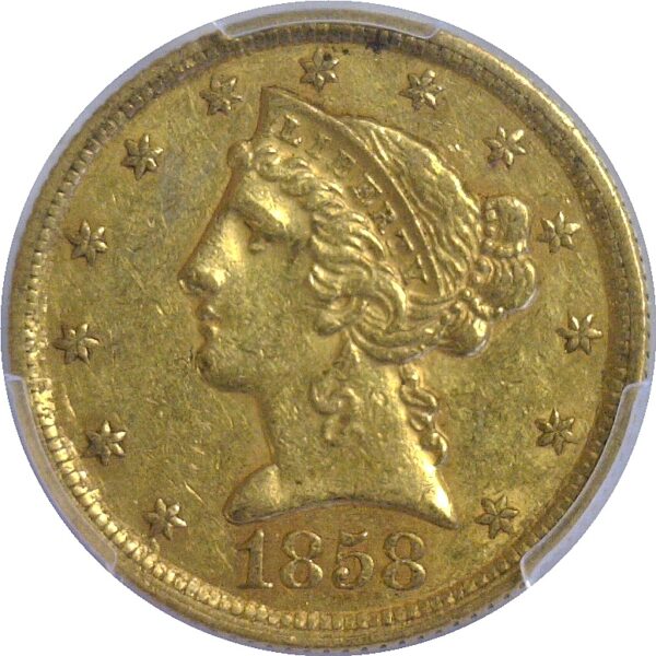 1858-C $5 Liberty  -  PCGS AU-50  CAC - Image 2