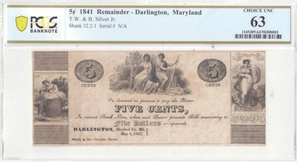 1841 5 Cents Darlington, Maryland PCGS Choice UNC 63 - Image 2