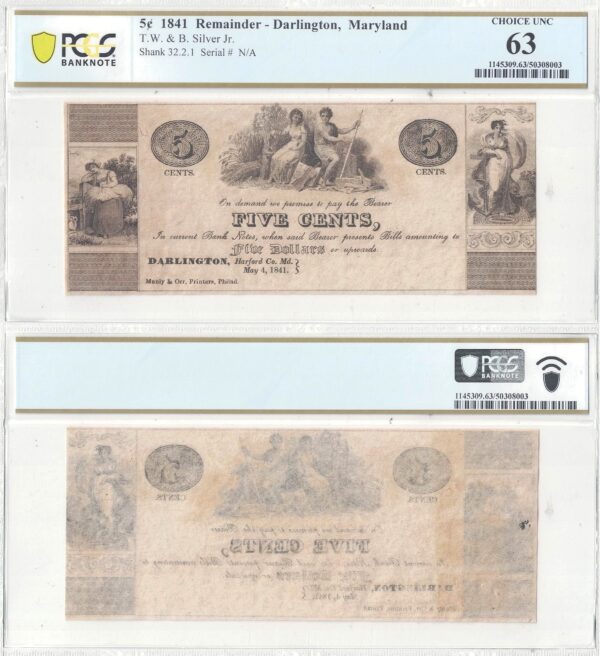 1841 5 Cents Darlington, Maryland PCGS Choice UNC 63