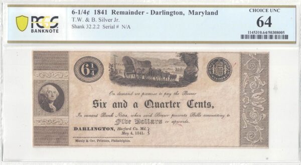 1841 6 1/4 Cents Darlington, Maryland PCGS Choice UNC 64 - Image 2