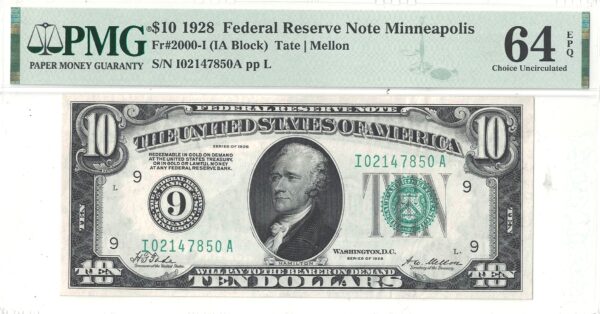 1928 $10 Federal Reserve Note Fr-2000-I PMG-64 EPQ - Image 2