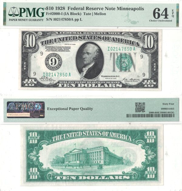 1928 $10 Federal Reserve Note Fr-2000-I PMG-64 EPQ