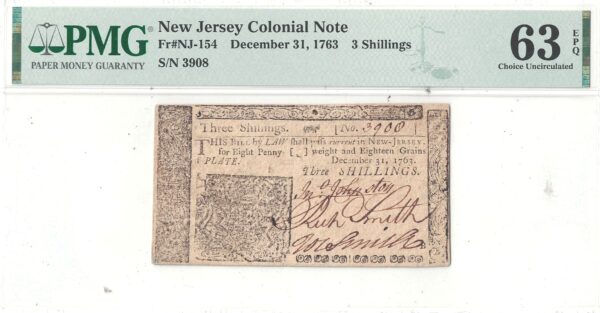 December 31, 1763 Three Shillings New Jersey Colonial PMG-63 EPQ - Image 2