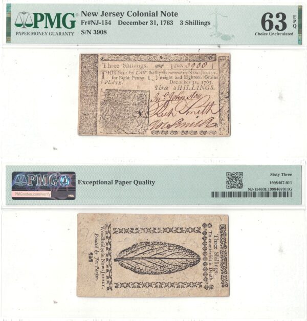 December 31, 1763 Three Shillings New Jersey Colonial PMG-63 EPQ