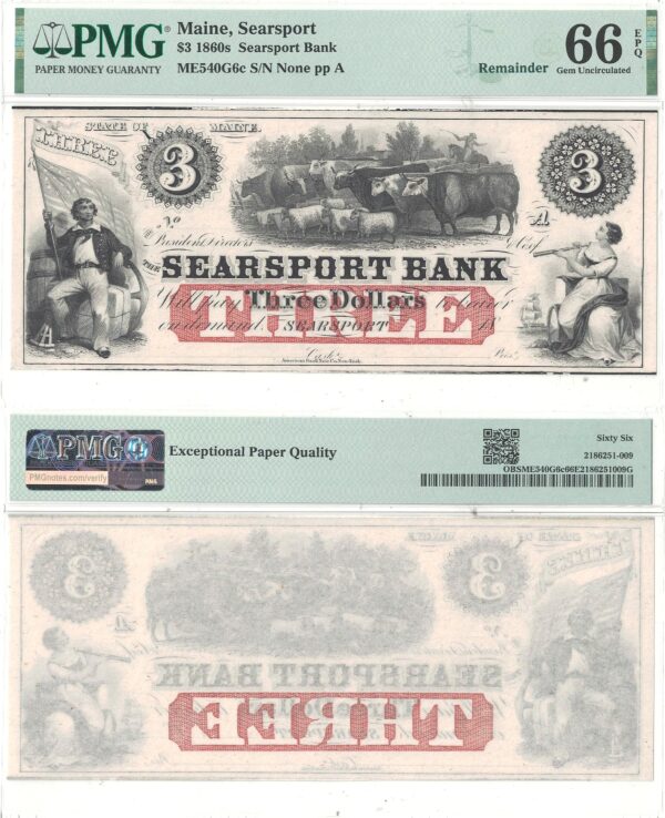 1860's $3 Obsolete Searsport, Maine PMG Gem CU-66 EPQ