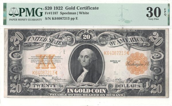 1922 $20 Gold Certificate Fr-1187 PMG VF-30 EPQ - Image 2