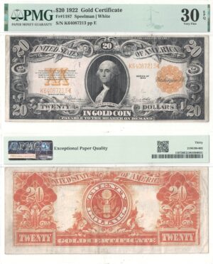 1922 $20 Gold Certificate Fr-1187 PMG VF-30 EPQ