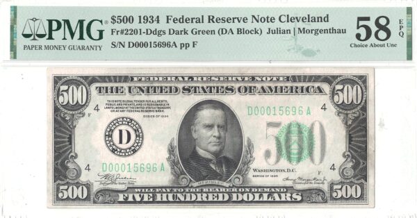 1934 $500 Federal Reserve Note Fr-2201-D PMG AU-58 EPQ - Image 2