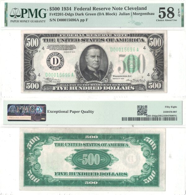 1934 $500 Federal Reserve Note Fr-2201-D PMG AU-58 EPQ