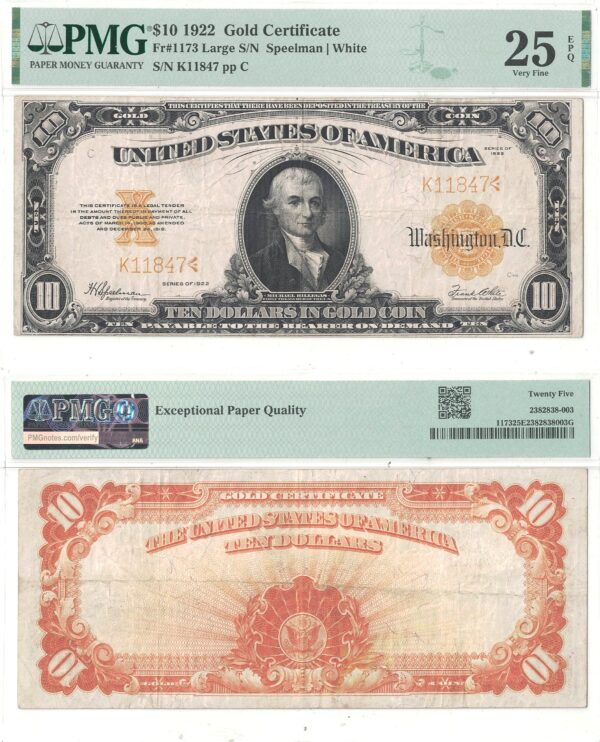 1922 $10 Gold Certificate Fr-1173 PMG VF-25 EPQ