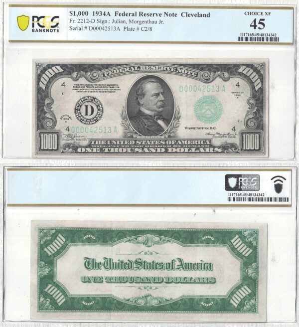 1934-A $1000 Federal Reserve Note Fr-2212-D PCGS-45