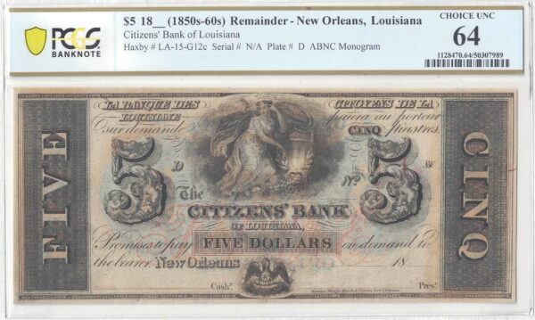 1850'-60's $5 New Orleans, Louisiana PCGS Choice UNC-64 - Image 2