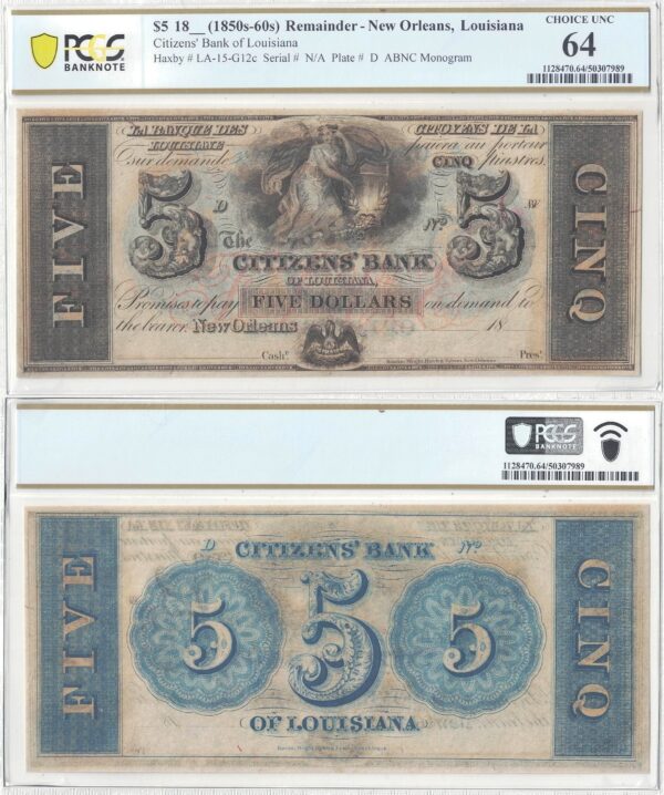 1850'-60's $5 New Orleans, Louisiana PCGS Choice UNC-64