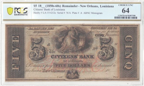 1850's-60's $5 New Orleans, Louisiana PCGS Choice UNC-64 - Image 2